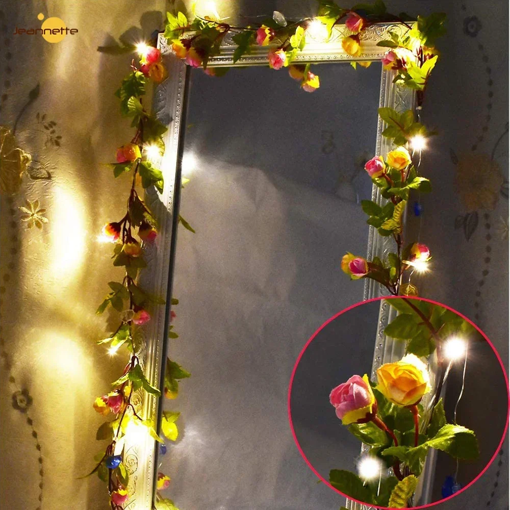 Solar Fairy Light Artificial Flower Rose Vine String Lights Outdoor Waterproof Garland Plant Lamp for Wedding Party Garden Decor