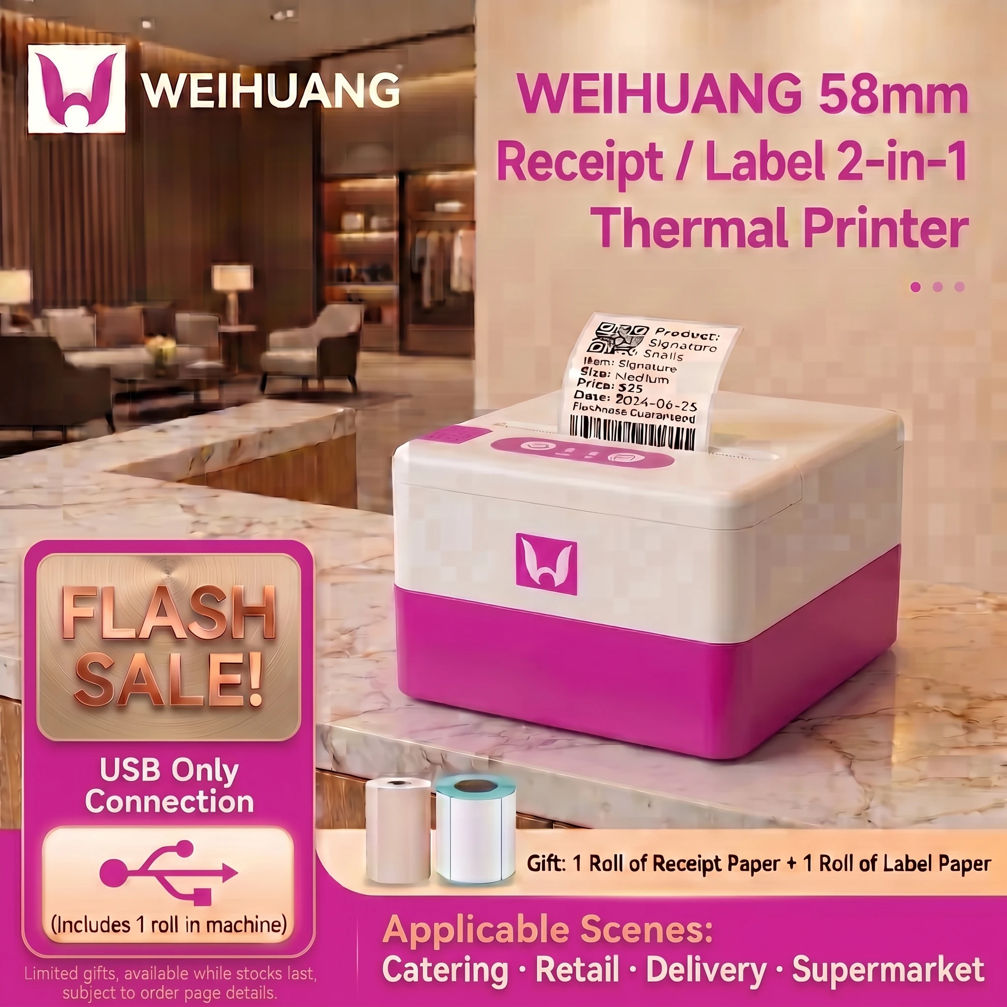 WEIHUANG P20 58mm 2 Inch Mini Thermal Label Receipt Printer USB High Speed Barcode Sticker Machine Retail Impresora Termica