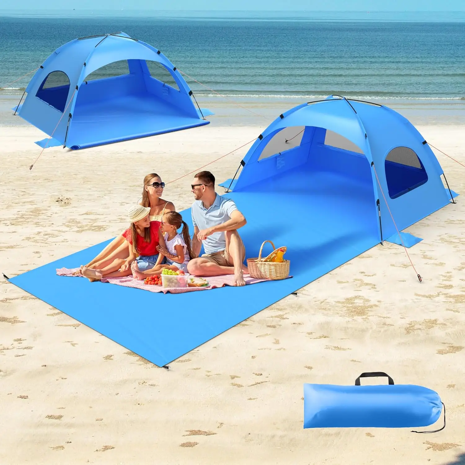 

Beach Tent Sun Shelter with 114x82" Mat, UPF 50+, 3-6 Person, Easy Setup, Blue