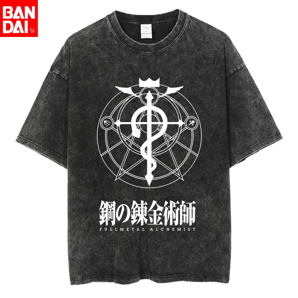 

Vintage Washed Edward Elric T-Shirt Men Retro 90s Anime Fullmetal Alchemist Graphic Tees Oversized Streetwear Cotton Tops