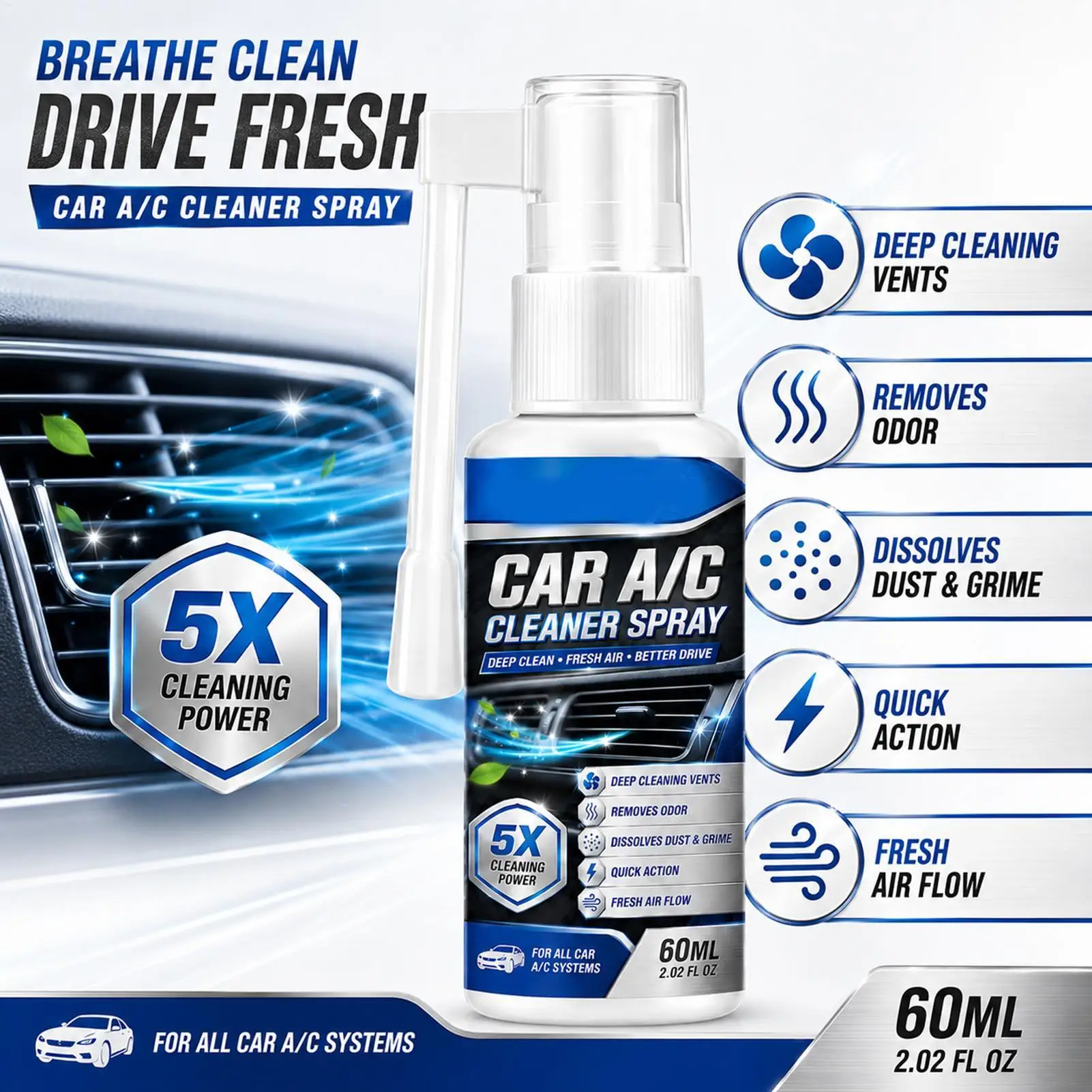 Car AC Evaporator Cleaner Instant Foam Cleaning Odor Eliminator Car HVAC AC Air Duct Clean Spray for Vehicle Interior Truck SUV