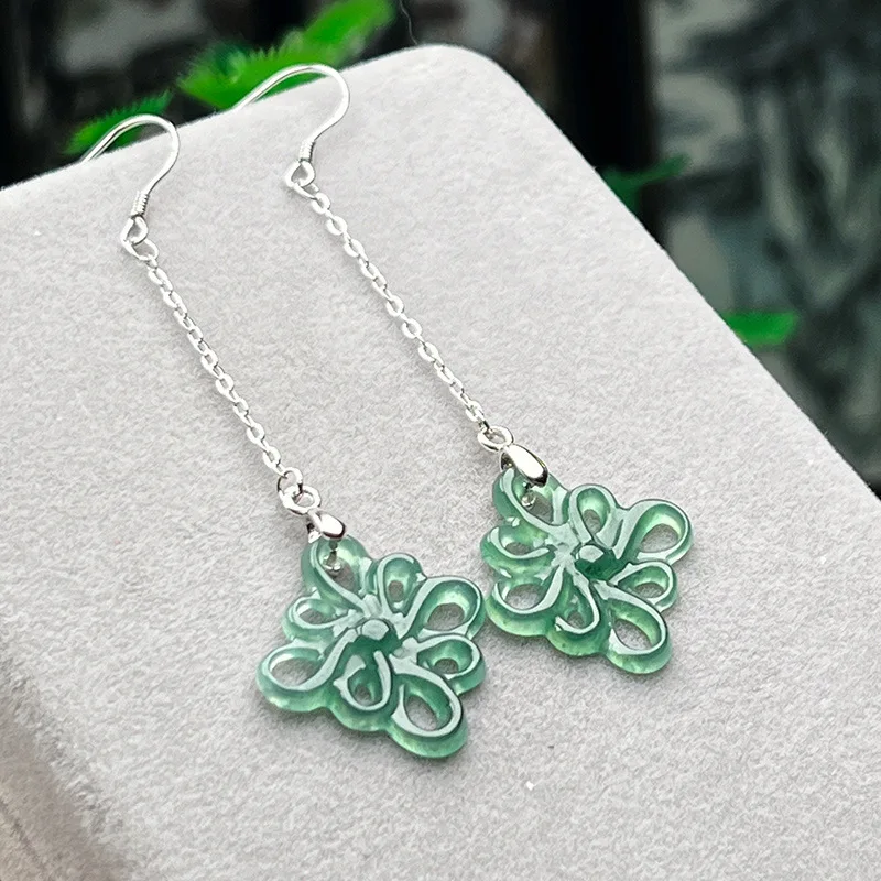 Burmese Jadeite Chinese knot Earrings Vintage Gifts for Women Luxury 925 Silver Natural Burmese Jade Energy Stone Talismans