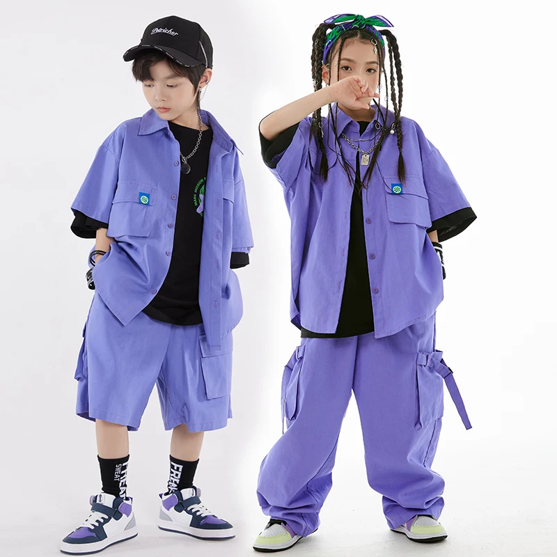 Kids Hip Hop Dance Costume Loose Overalls Purple Coat Pants Street Dance Clothing Boys Girls Jazz Drum Show Stage Clothes L10400