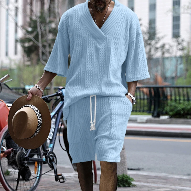 

Summer Men's Suit 2-Piece Set Jacquard V-Neck Short-Sleeve Top Casual Drawstring Waist Shorts Combination (Multiple Colors)