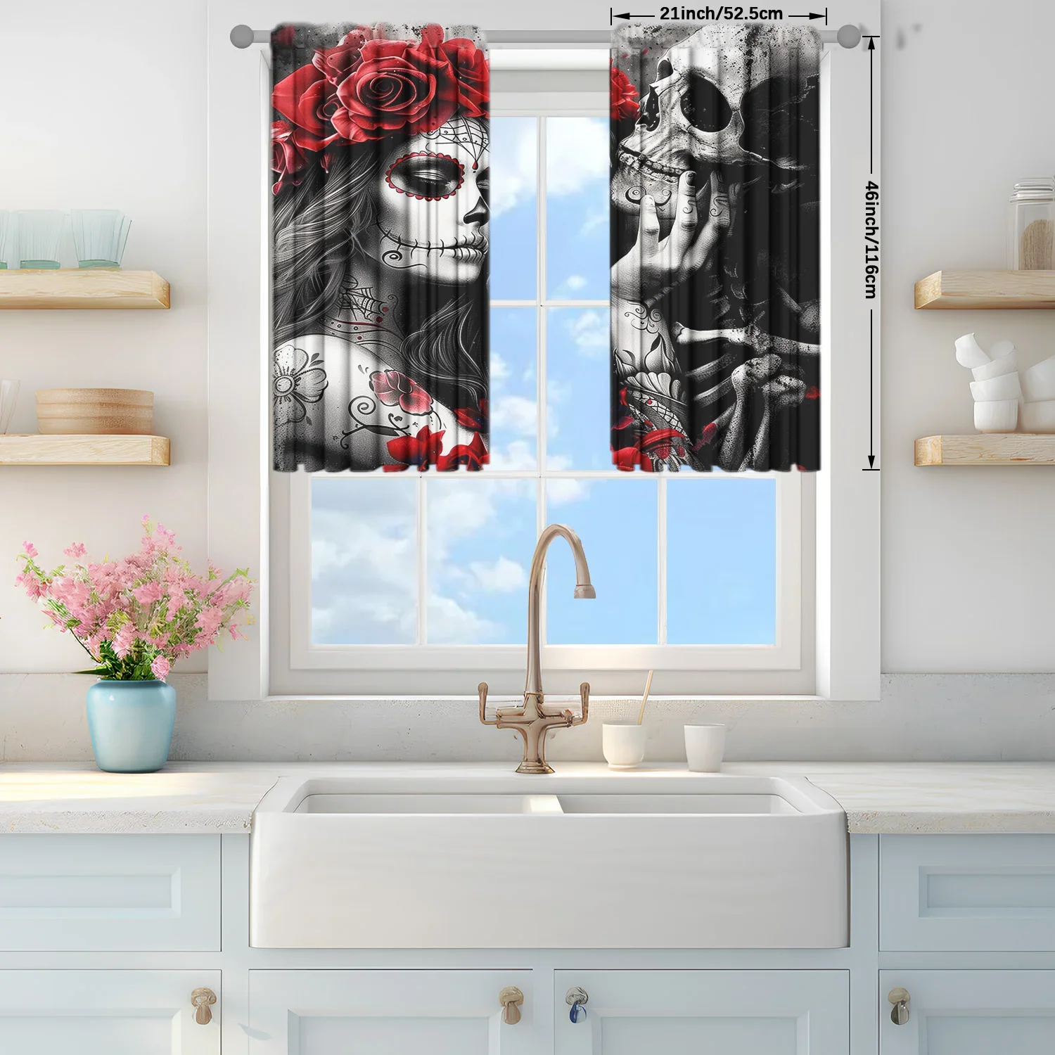 2pcs Skeleton Love Printed Curtain for Home Decor - Rod Pocket Window Treatment for Bedroom,Office,Kitchen,Living Room,and Study