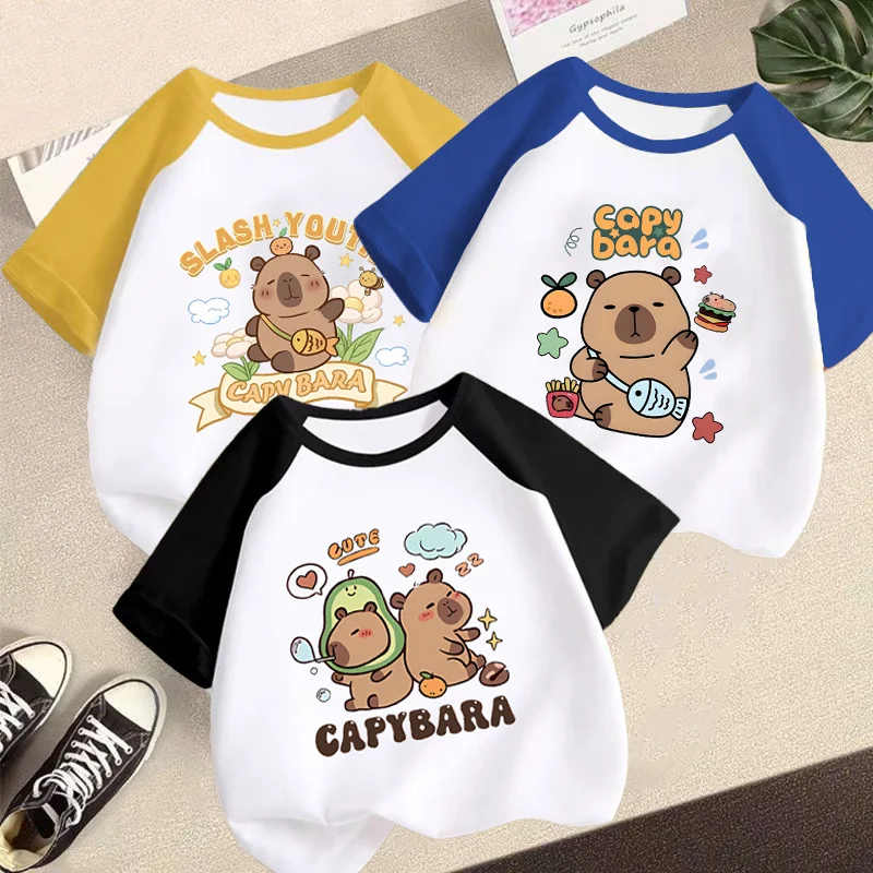 Capybara Boys Girls Raglan T-shirt Fashion Summer Clothes Cotton T Shirts Hot Cute Cartoon Graphic Print Short Sleeves Kids Tops