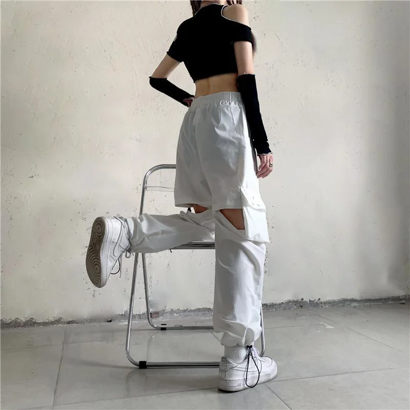 Women Spring And Summer Removable Cargo Pants Korea Style  High-waist Lanyard Trousers Women\'s Narrow Straight Leg Sweatpants