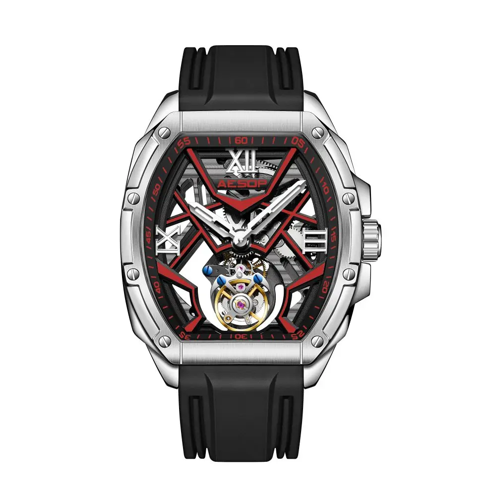 

AESOP Real Tourbillon Watch Men Tonneau Double-sided Hollow Manual Mechanical Skeleton Luminous Wristwatch Steel Sapphire Clock