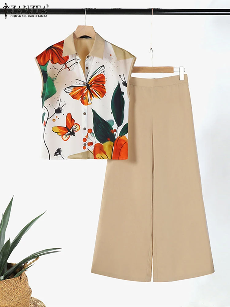 

2024 ZANZEA Summer Wide Leg Trousers Casual Womens 2PCS Pants Sets Women Short Sleeve Floral Tops Outfits Tracksuit 2 Piece Sets