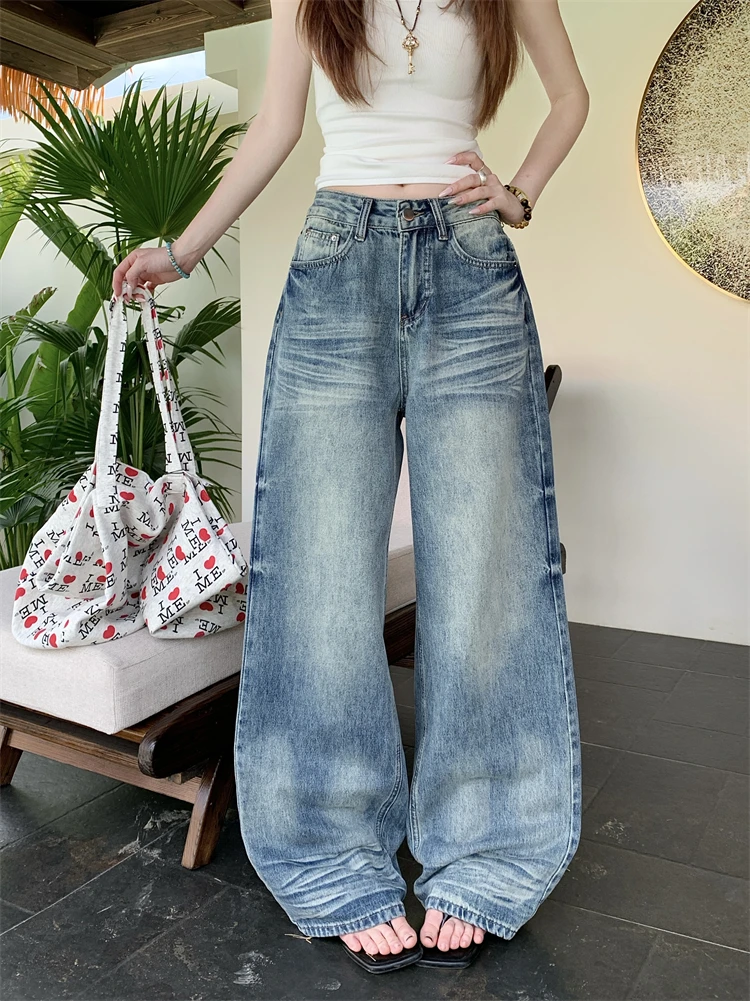

Retro American Washed Blue Jeans Women Summer Loose Wide Leg Pants High Waist Casual Style Pure Color Everyday Wear