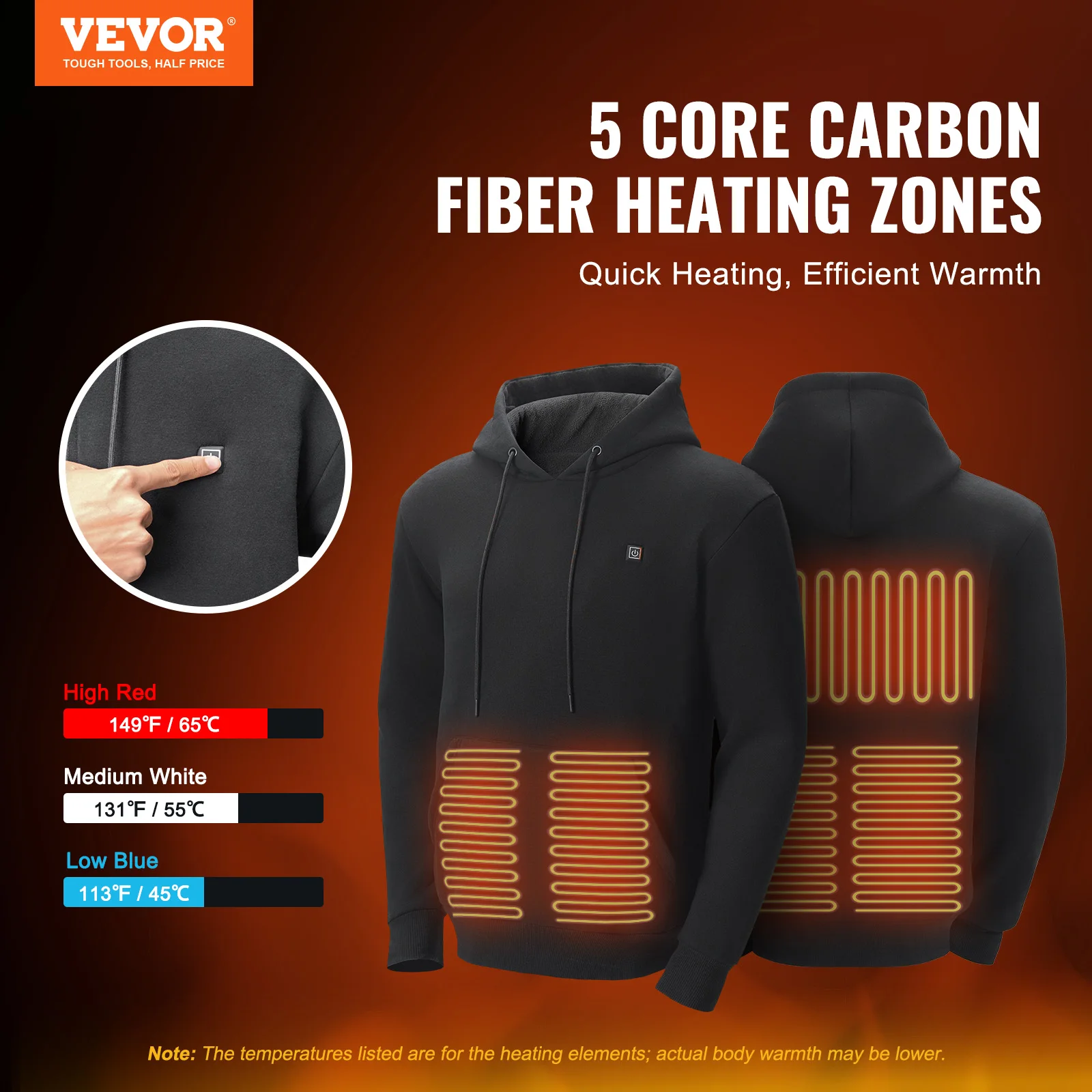 VEVOR Heated Hoodie Unisex Heated Sweatshirt with Battery Pack Electric Jacket with 5 Heating Zones for Men & Women Pullover