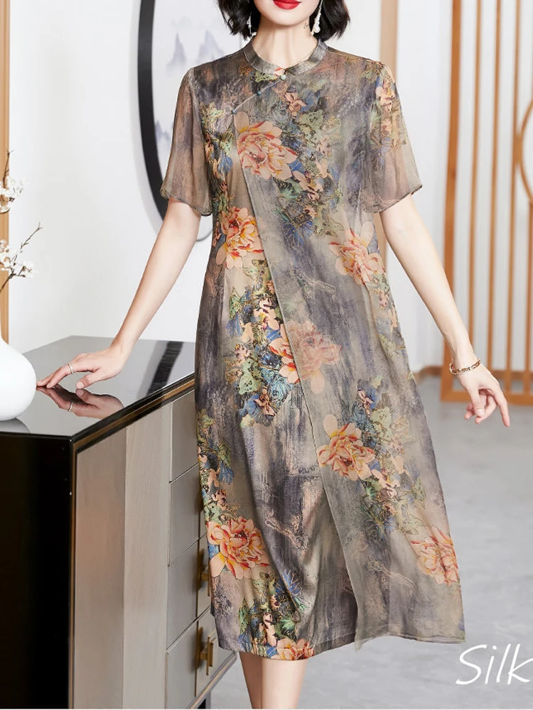 BirdTree-89.6%Silk 10.4%Spandex Women Elegant Dress, Short Sleeve Print, Mom Retro Luxury Cheongsam Dress, 2026 Spring D62515CC