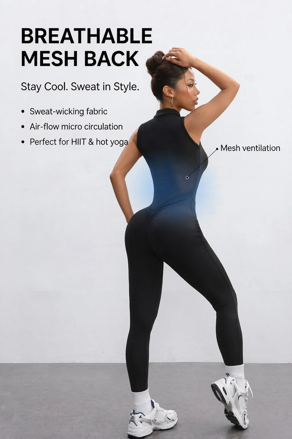 Women Seamless Yoga Bodysuit Zip Front Stand Collar Sleeveless Mesh Back Tummy Control Scrunch Butt Lifting Squat Proof Fitness