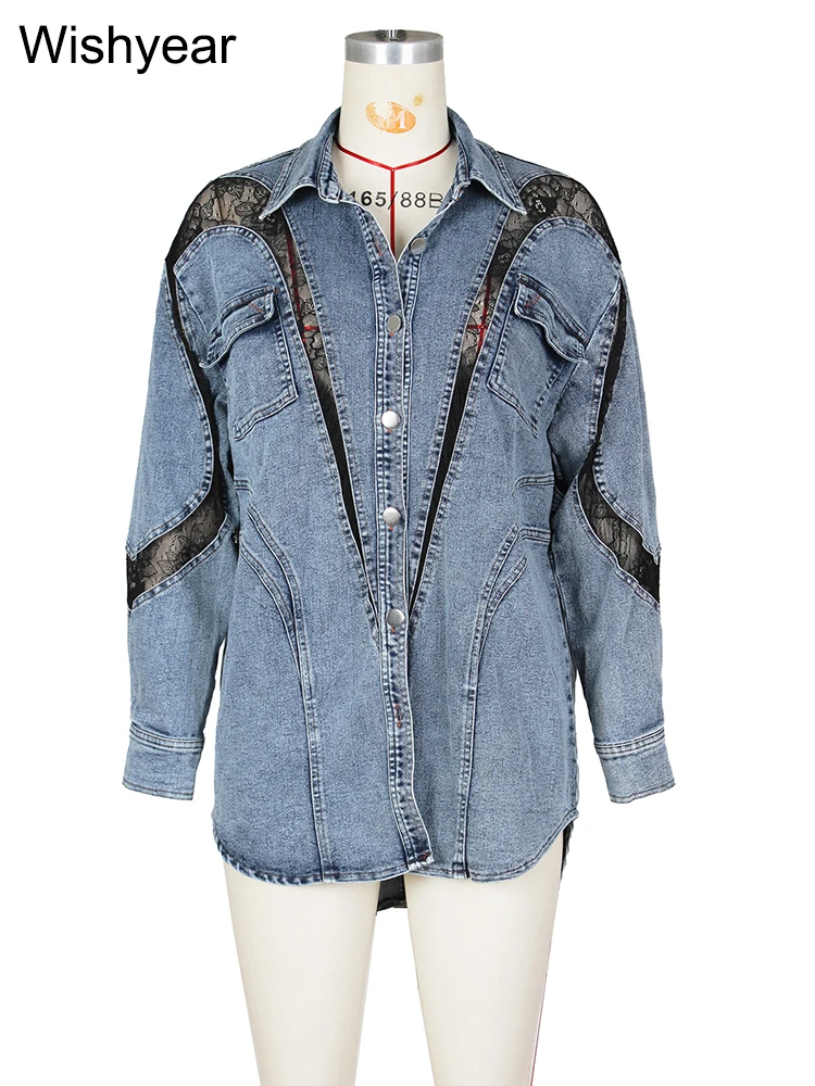 Elegant Long Sleeve Lace Patchwork Turn-down Collar Single Breasted Denim Shirt Jacket Women Fall Birthday Jean Coats Streetwer