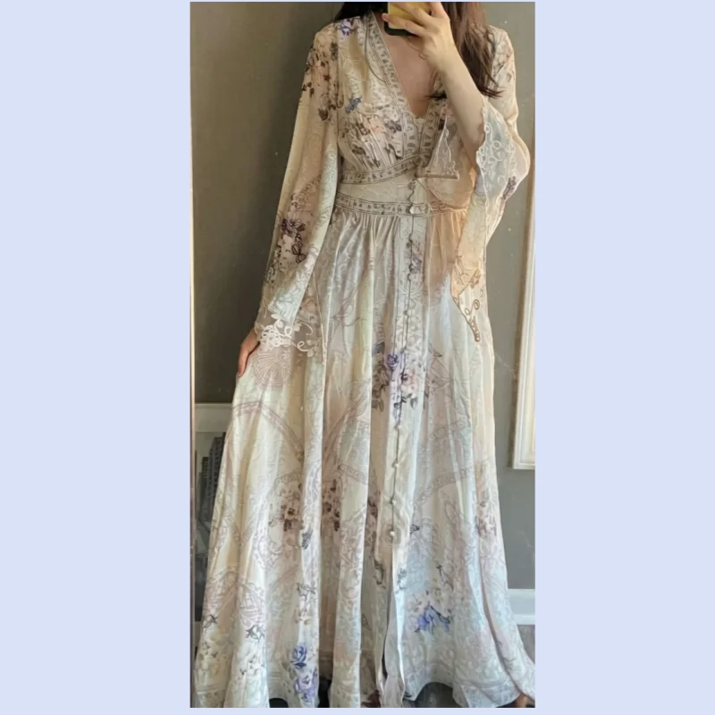 Australian niche V-neck lace patchwork printed rhinestone waist seal water sleeves silk vacation style dress
