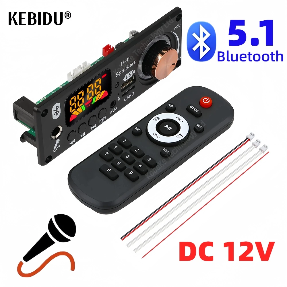 Bluetooth 5.1 MP3 WMA WAV Decoder Board 12V Handsfree 6.5mm Microphone USB TF FM Car Audio Music Player Speaker Volume Control