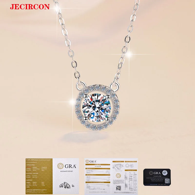 

JECIRCON S925 Sterling Silver Clavicle Chain Classic Fashion Round Pendant 1/2 Carat Moissanite Necklace with GRA Certificate