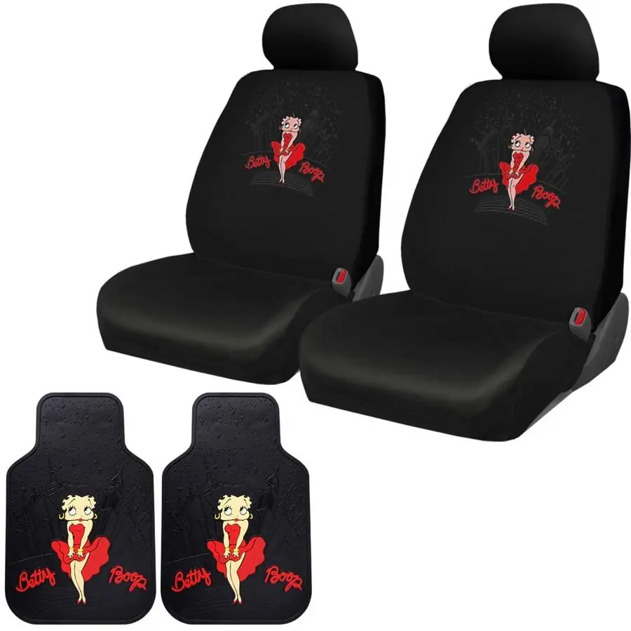 

Platicolors Betty Boop Skyline Design Car Accessories Set New Seat Covers, Front Rubber Mats, Steering Wheel Cover Air Freshener
