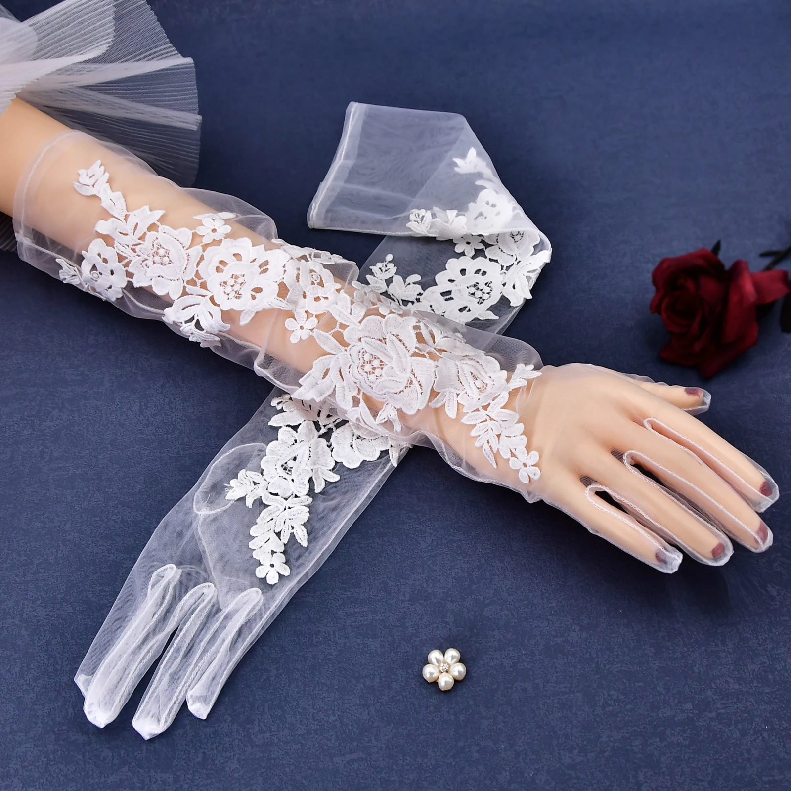 vm06 1 Pair Bride Bridal Wedding Gloves Long Lace Beaded Satin Elegant for Women Finger gants mariage luvas de