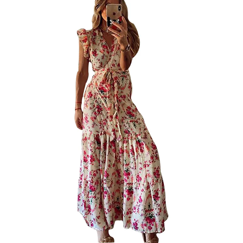 

V-Neck Floral Summer Printed Long Dresses High Waist Casual Comfortable Seaside Beach Vacation Bohemian Sundress