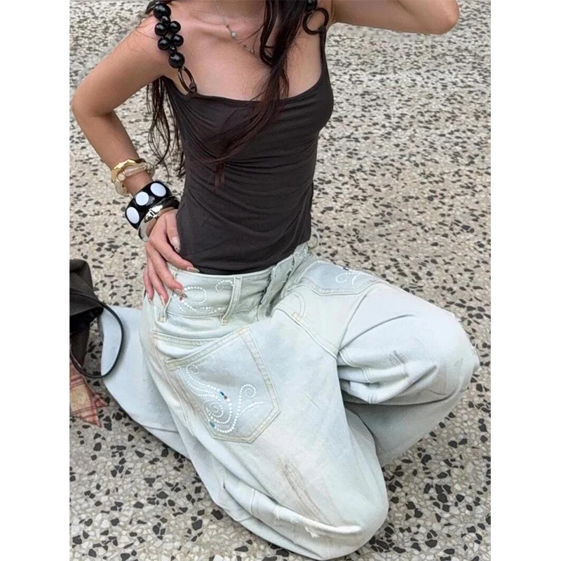 女性ヴィンテージライトブルー Y2k だぶだぶのジーンズ原宿日本 2000 年代パンツストリートオーバーサイズ曲がったナイフデニムズボン服