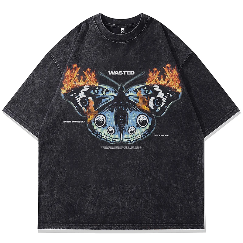 

Summer Men Washed Tshirts Hip Hop Flame Butterfly Graphic T-Shirt Streetwear Harajuku Distressed Casual Cotton T Shirts Top Tees