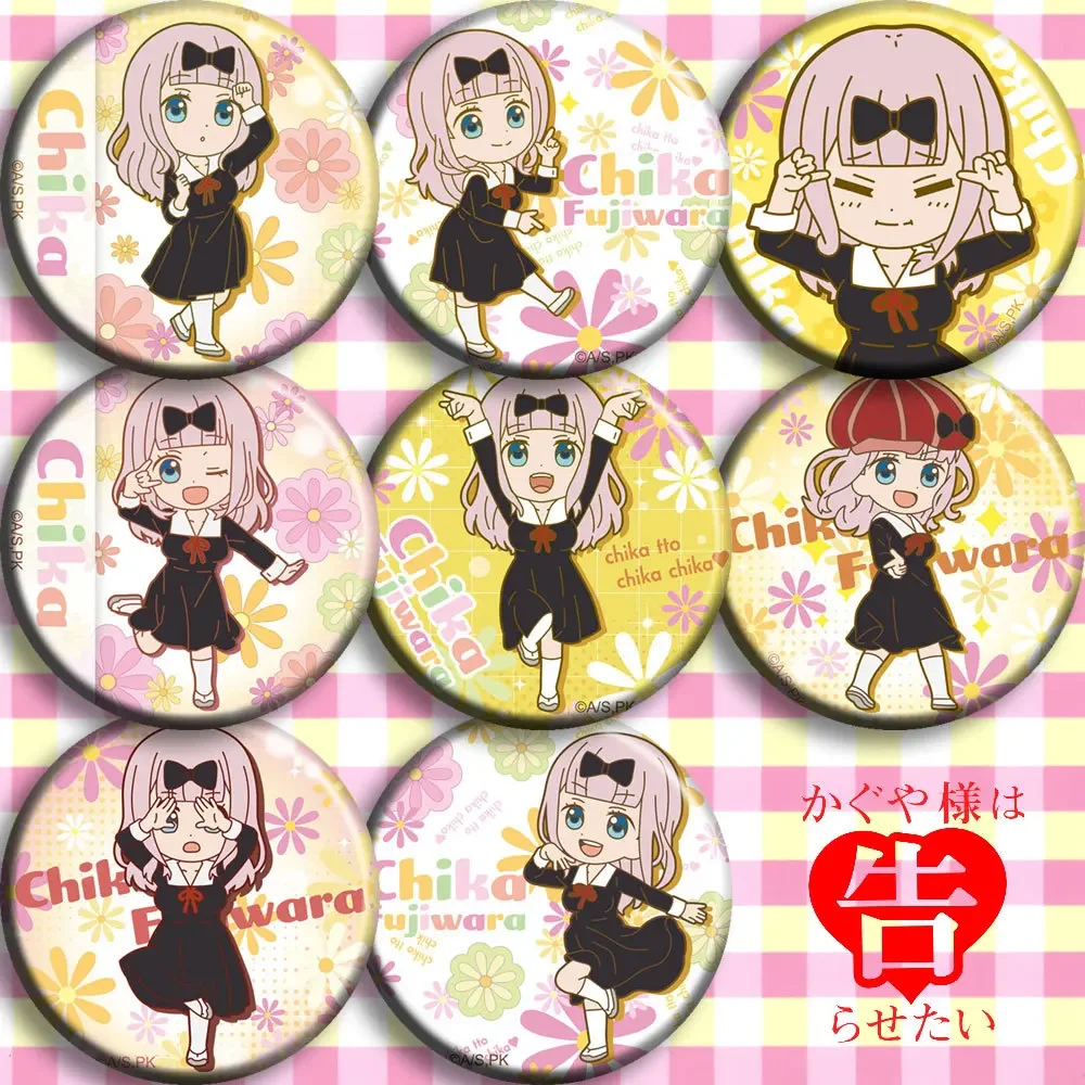 Fujiwara Chika Anime Character Costumes, Impermeável, Criativo, Acessórios Artísticos, Personagens de Animação, Emblema de Metal Brilhante, 5,8 cm