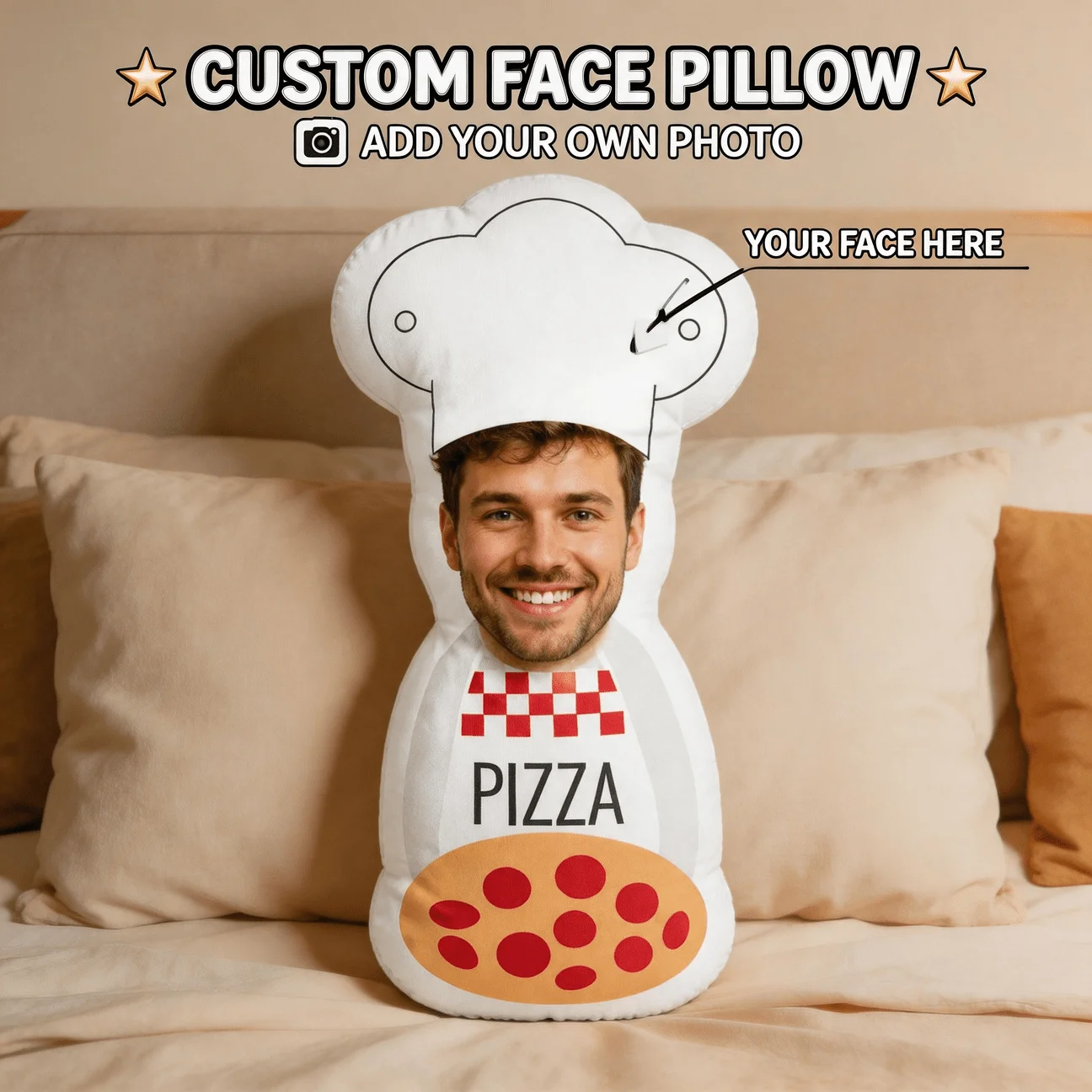 Customized personalized chef portrait pillow, fun pizza apron shaped decorative cushion, 70cm home decoration embellishment, sui