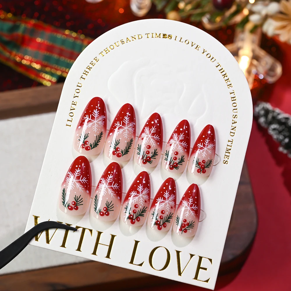 24 stuks Red Berry Holly Christmas Press On Nails Medium Amandel Franse nepnagels Witte Sneeuwvalken Dot Design Wearable Valse nagels
