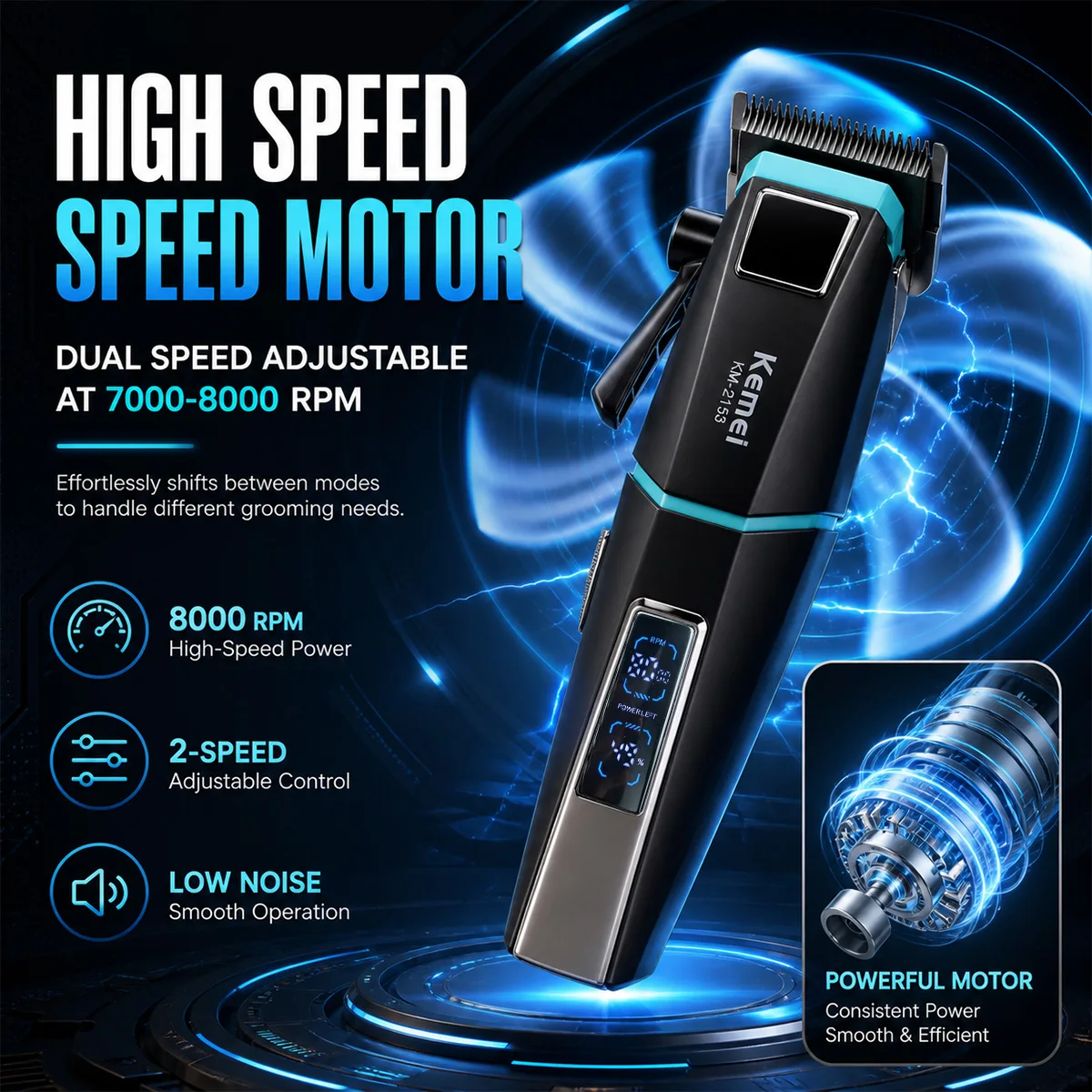 Kemei KM-2153 Bold Hair Cut Machine LED Display 8000RPM Fade Blade 2000mAh 2-Speed 5W Professional Barber Machines Hair Clipper