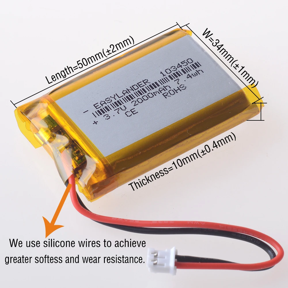 Silicone Wires 103450 CE+Rohs 3.7V 2000mAh Rechargeable Li-Polymer Li-ion Battery Lipo Batteries