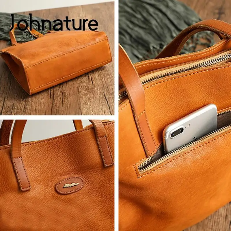 Johnature Casual Tote 2024 New Genuine Leather Women Shopping Bag Outdoor Leisure Solid Color Real Cowhide Shoulder Bags