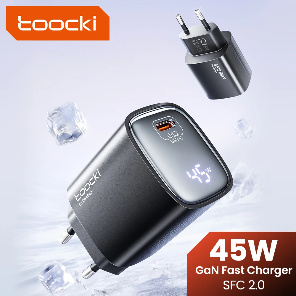 

Toocki 45W GaN USB-зарядное устройство для телефона Сверхбыстрая зарядка 2.0 QC 3.0 Зарядное устройство со светодиодным дисплеем типа C для iPhone 17 16 Pro Samsung S25