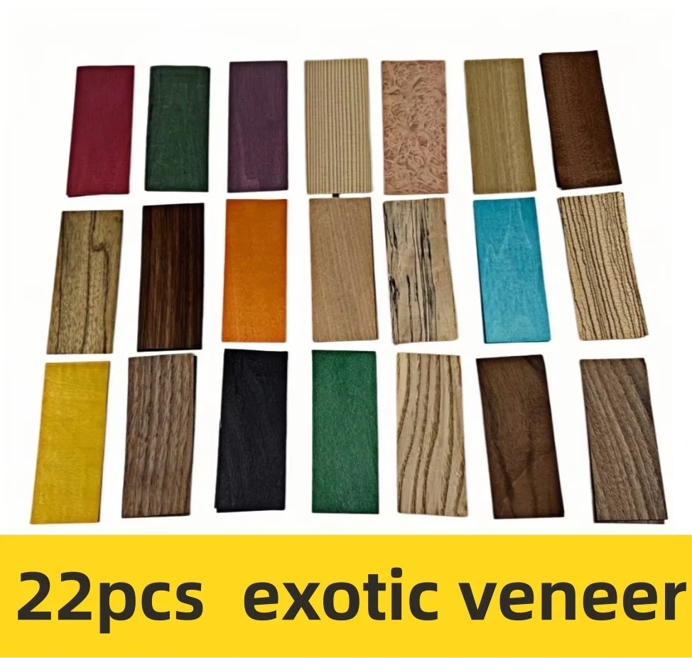 

22PCS/PACK Fingerboard & marquetry veneers, exotic & dyed, vibrant flat colors, highly figured grains. 0.5mm, 12x5cm