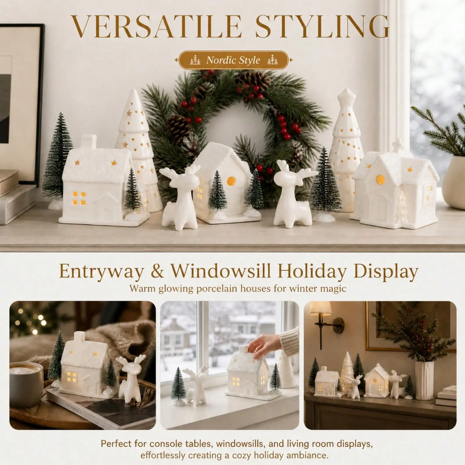 Winter Wonderland Christmas Decoration Set – 12-Piece Village Display With Houses, Ceramic Trees & Reindeer, Festive Tabletop Ornaments For Mantel, Shelves & Centerpieces – Holiday Gift Set