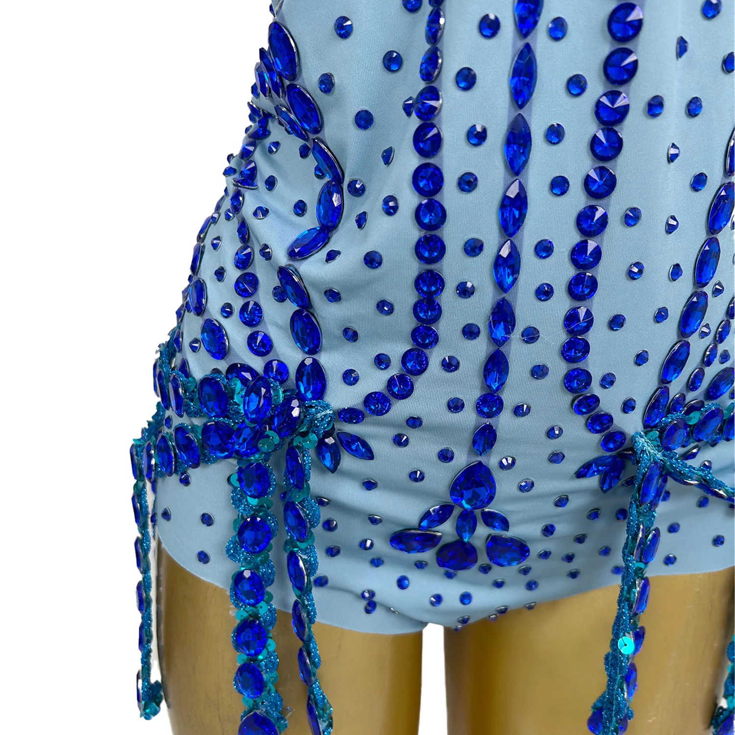 Mono Mujer Blue Rhinestone Fringes Party Jumpsuits ลากแสดง Playsuits เทศกาลเครื่องแต่งกายผู้หญิงเต้นรํา Leotard ประสิทธิภาพ Bodysuit