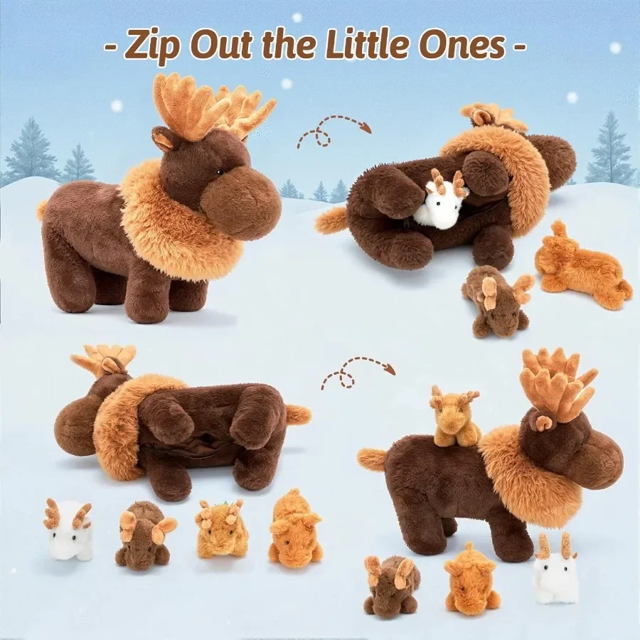 ชุดตุ๊กตาแม่กวางมูสและลูกกวาง 4 ตัว ขนาดใหญ่ 14.5 นิ้ว ของเล่นกวางคริสต์มาสเนื้อนุ่ม สีน้ำตาลครีม เหมาะสำหรับเด็กวัยเตาะแตะ