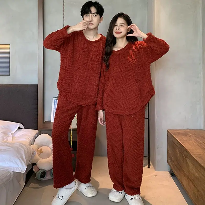 Couple Pajamas for Men Fleece Winter Sleepwear Korean Sleeping Night Wear Solid Pijama 2 Pcs Pants Sets Warm O-neck Home Suit