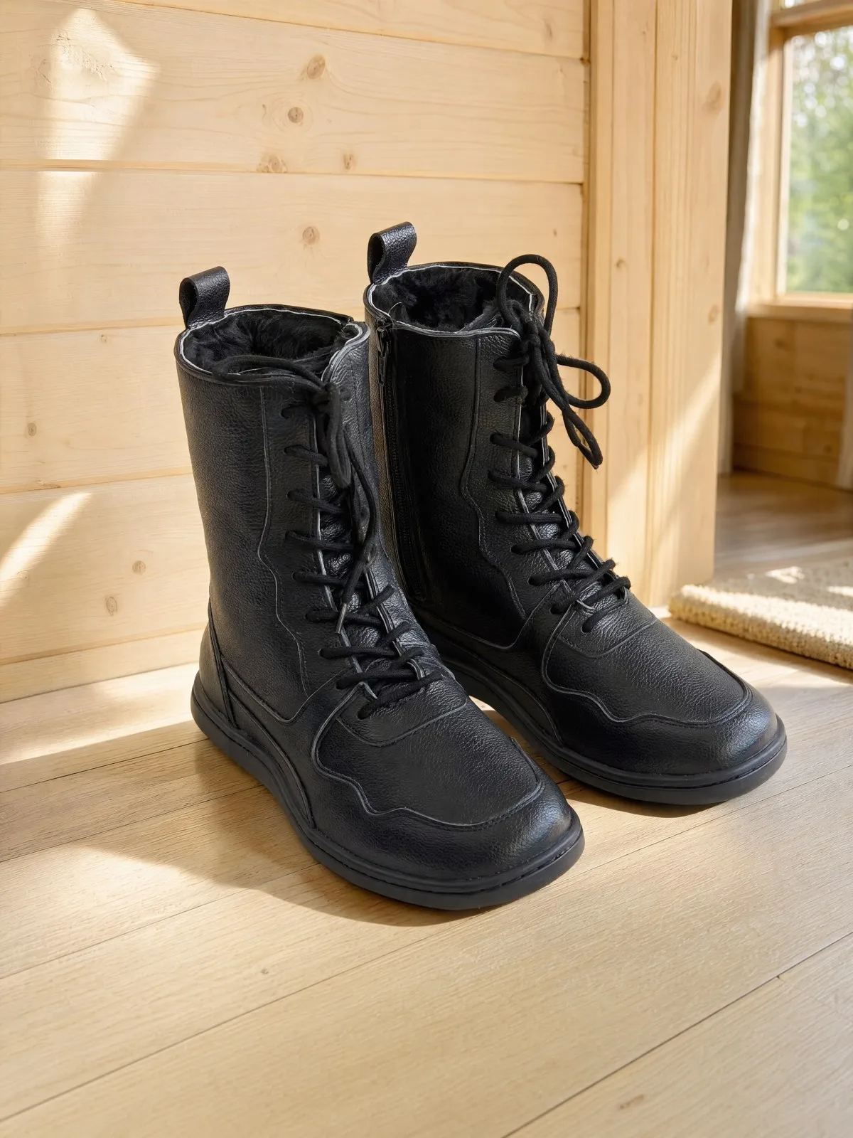 Tipsietoes Barefoot Genuine Leather Winter Middle-High Boots Real Natural Fur Linning Warm Men Women Zero Sole Light Weight