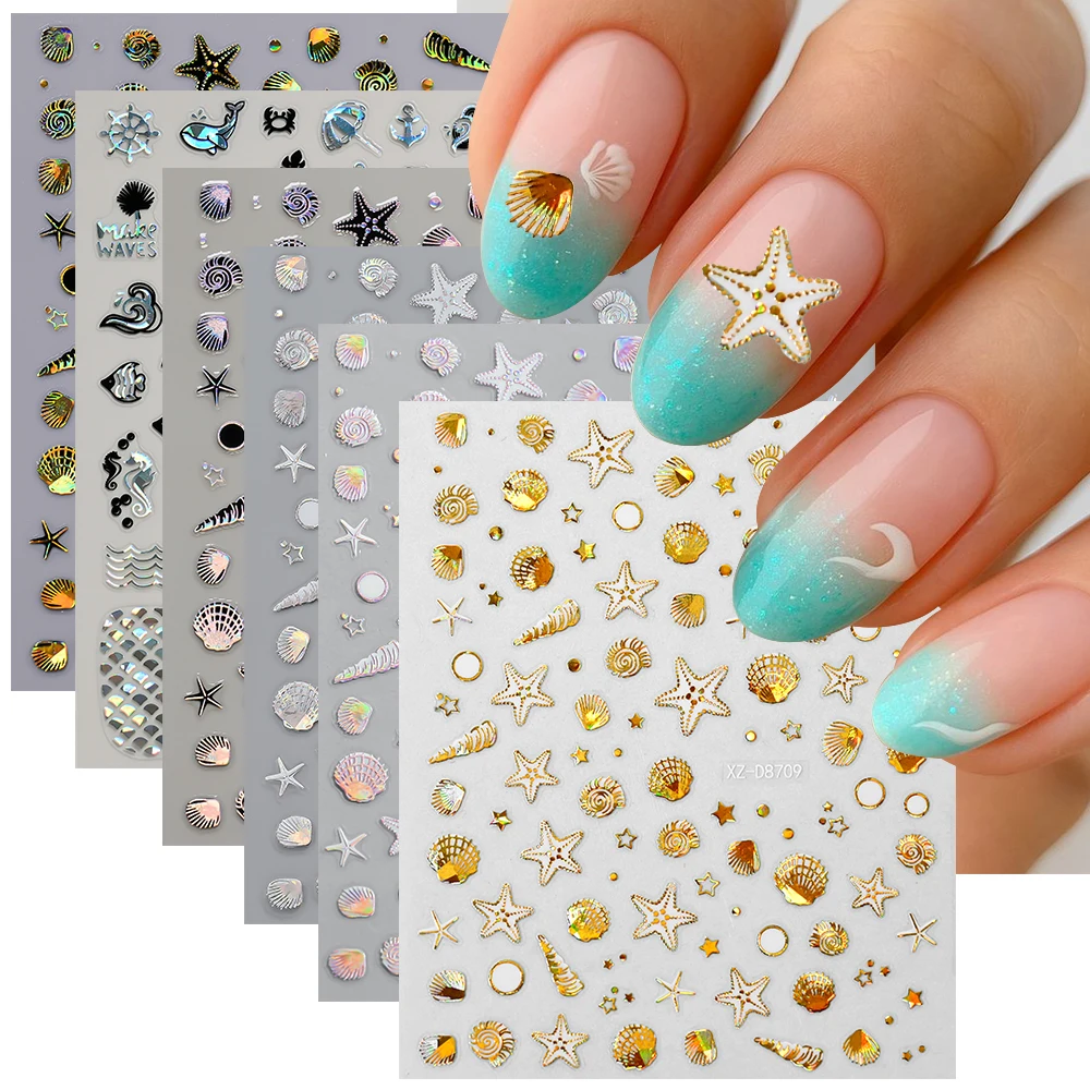 12Pcs3D Laser Schwarz Gold Sommer Marine Leben Nail art Aufkleber Seestern/Muschel/Shell Maniküre Aufkleber Herz Linie klebstoff Nagel Slider