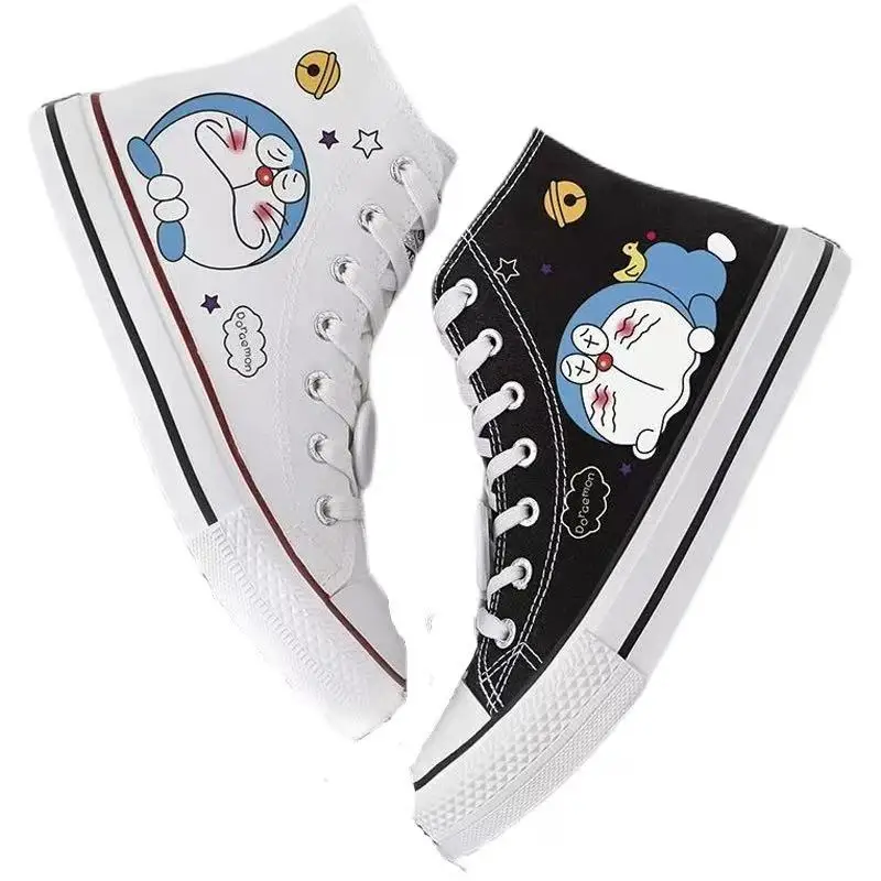 

Doraemon real pictures high top man's plus size white 2025 new Canvas shoes Casual drop shipping black women's skate shoes