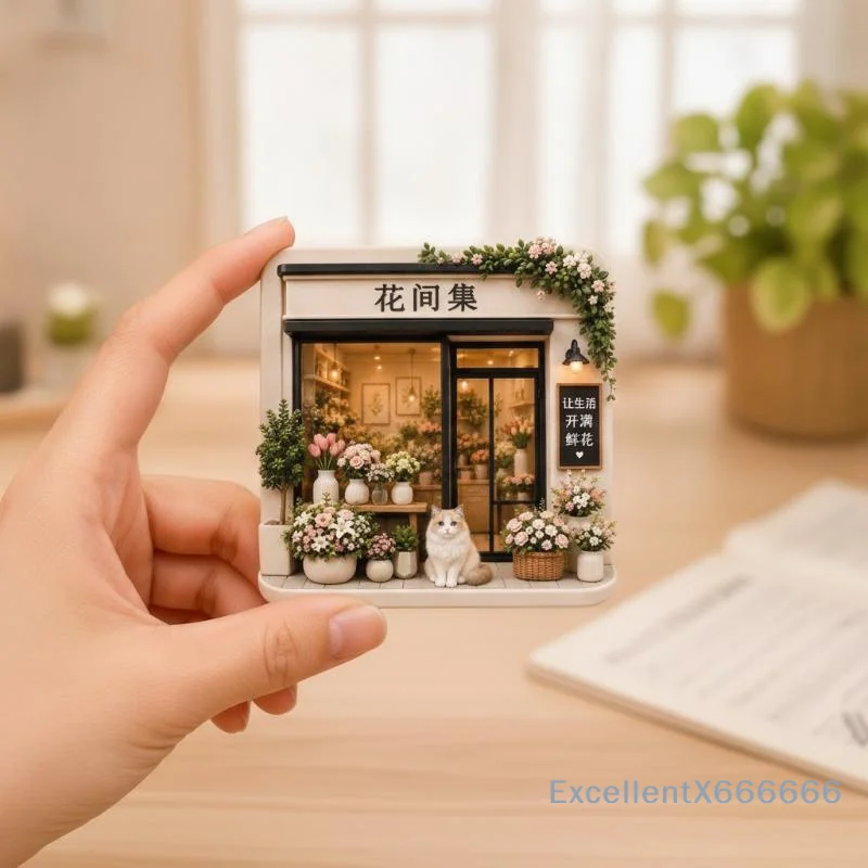 Mini Flower Shop Cat Fridge Magnet, Non-toxic Resin Craft, Multi-scene Desktop Decor Gift for Flower Hobbyists