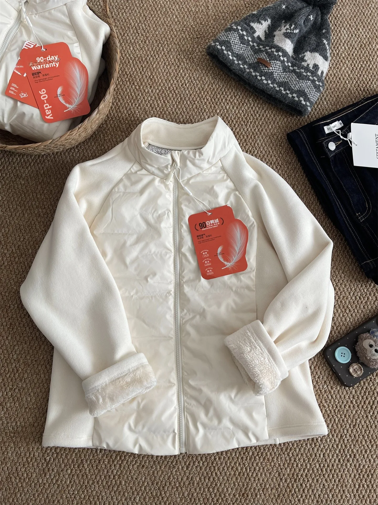 

Slimming down Jacket! Lulu Thickened Fleece Inner Partitioned Padded Coat Warm Casual Style White Duck down Filling Long Sleeve