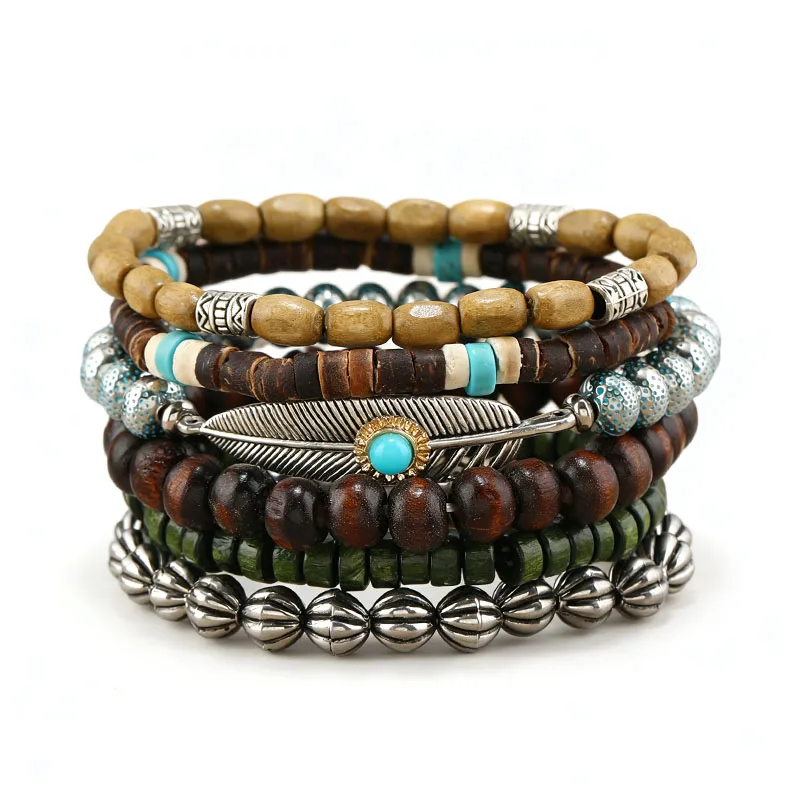 

6Pcs Natural Wood Beaded Bracelets Boho Ethnic Wristband Jewelry New Set Vintage Feather Turquoise Charm Hand Chains Handmade