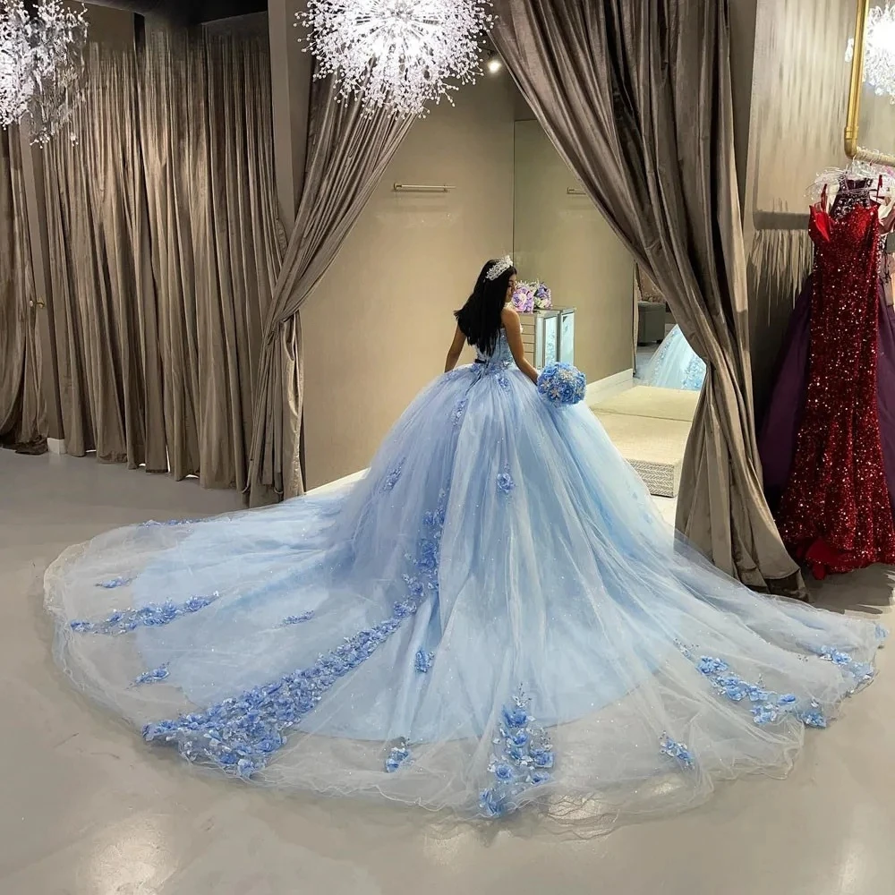 Sky Blue Princess Quinceanera Dresses Ball Gown Sweetheart Tulle Floral Pearls Sweet 16 Dresses 15 Años Mexican Customized