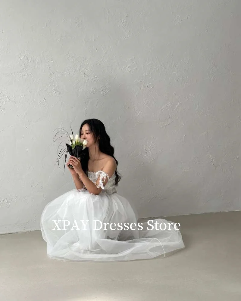 XPAY  Elegant Soft Tulle Wedding Dreses Korea Photo shoot Off Shoulder Pleats Floor length Bridal Gowns Corset Back Customized image 4