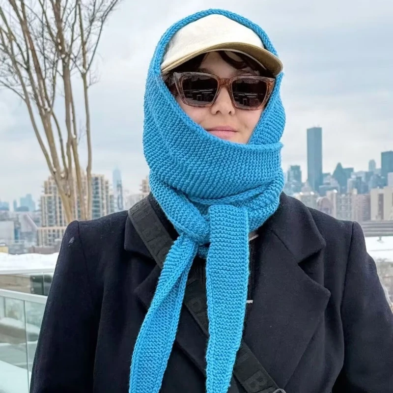 100% Wool Large Korean Ins Style Scarf Winter Warm Women's Simple Wool Balaclava Hat Windproof Ear Protection Fashion Knit Hat