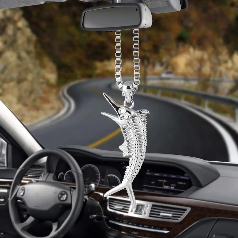 Cool Fish Bone Car Pendant Stainless Steel Die Casting Punk Design Auto Rearview Mirror Suspension Decoration Accessories Gifs