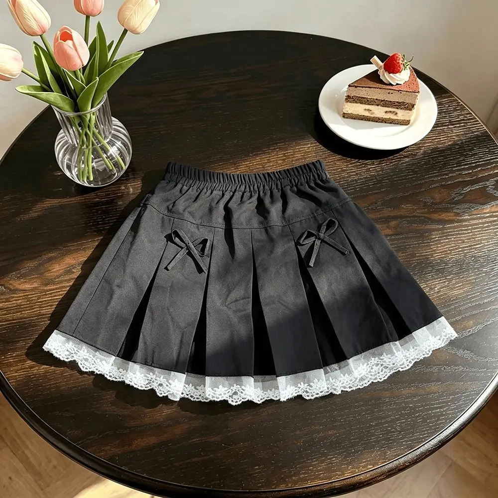 Bowknot Girl Pleated Skirt Pleated Design Lacw Edge Pleated Skirt Clothes Preppy Style Uniform Style Uniform Skirt Preppy Girl