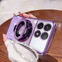 Pocox6pro Glitter Plating Holder Chain Case On For Xiaomi Mi Poco X6 Pro M6 X3 X4 X5 F5 F6 Lanyard Silicone Stand Cover C75 C65